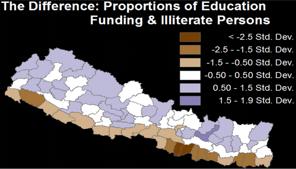 Literacy funding (purple areas) mapped against illiteracy levels - brown to dark brown indicating higher illiteracy levels.